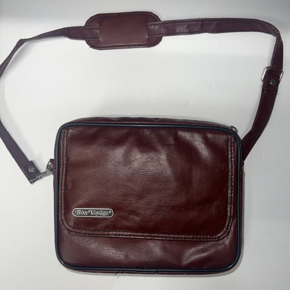 Vintage Bon Voyage Red Brown Leather Zip-Up Stowaway Folding Travel Bag